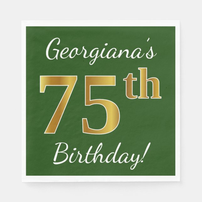 Grün, Imitate Gold 75. Geburtstag + Individuelle N Serviette (Vorderseite)