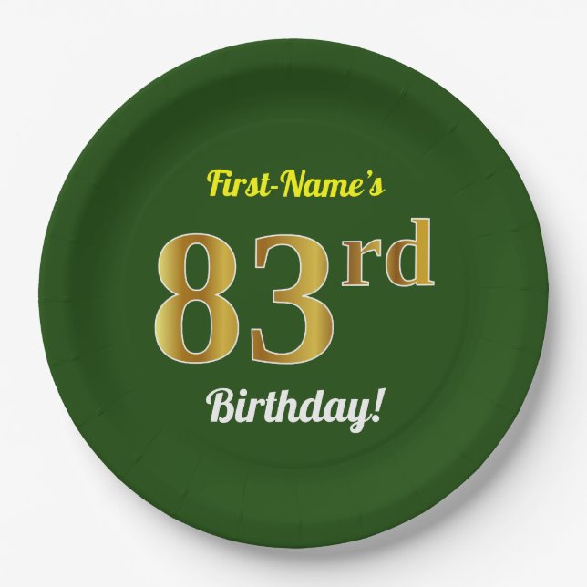Grün, Imitate Gold 83. Geburtstag + Individuelle N Pappteller (Vorderseite)