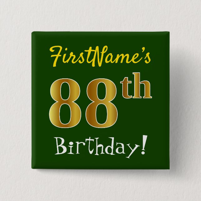 Grün, Imitate Gold 88. Geburtstag, mit Individuell Button (Vorderseite)