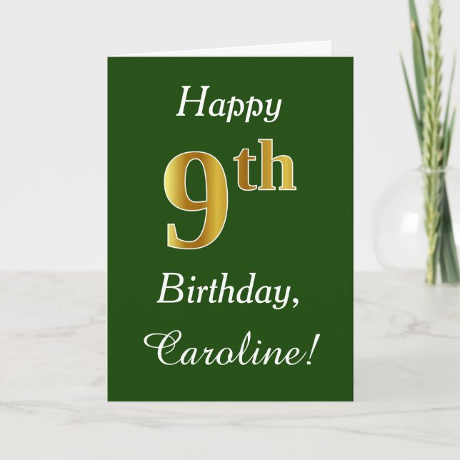 Grün, Imitate Gold 9. Geburtstag + Individuelle Na Karte (Vorderseite)