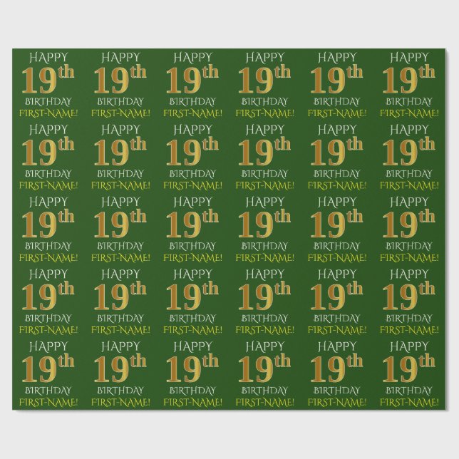 Grün, Imitate Gold "HAPPY 19. GEBURTSTAG" Geschenkpapier (Flach)