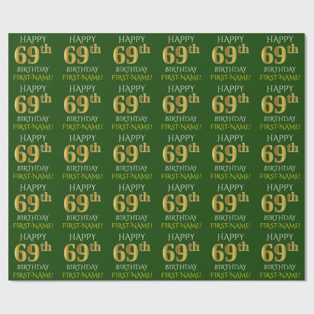 Grün, Imitate Gold "HAPPY 69. GEBURTSTAG" Geschenkpapier (Flach)