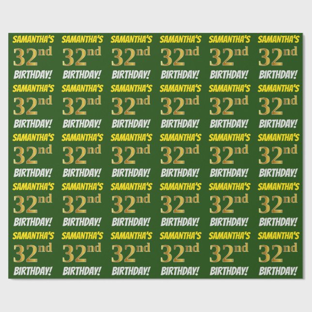 Grün, Imitate/Nachahmungs-Gold, "32. GEBURTSTAG" Geschenkpapier (Flach)