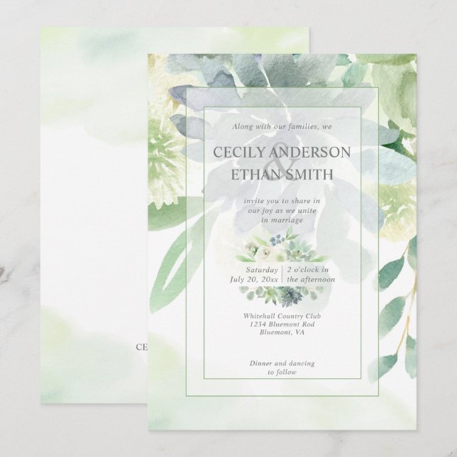 Grün & Indigosukkulente Weiße Blume Hochzeit Einladung (Vorne/Hinten)