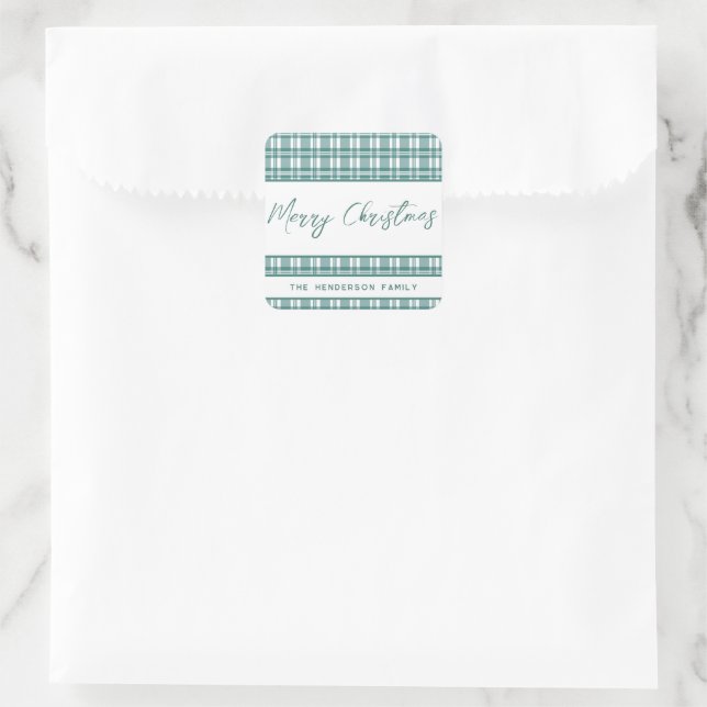 Grün Kariert frohe Weihnachten Quadratischer Aufkleber (Tasche)