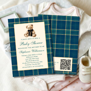 Grün kariert vintage Teddybär QR-Code Baby Shower Einladung