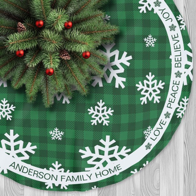 Grün Karierter Schneeflocken Weihnachten Polyester Weihnachtsbaumdecke (Green Plaid Snowflake Festive Words Christmas Brushed Polyester Tree Skirt)
