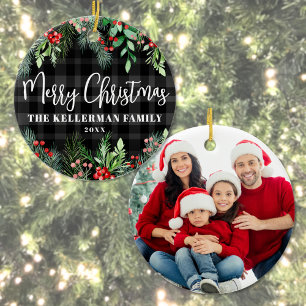 Grün Kariertes Foto Familie Frohe Weihnachten Keramik Ornament