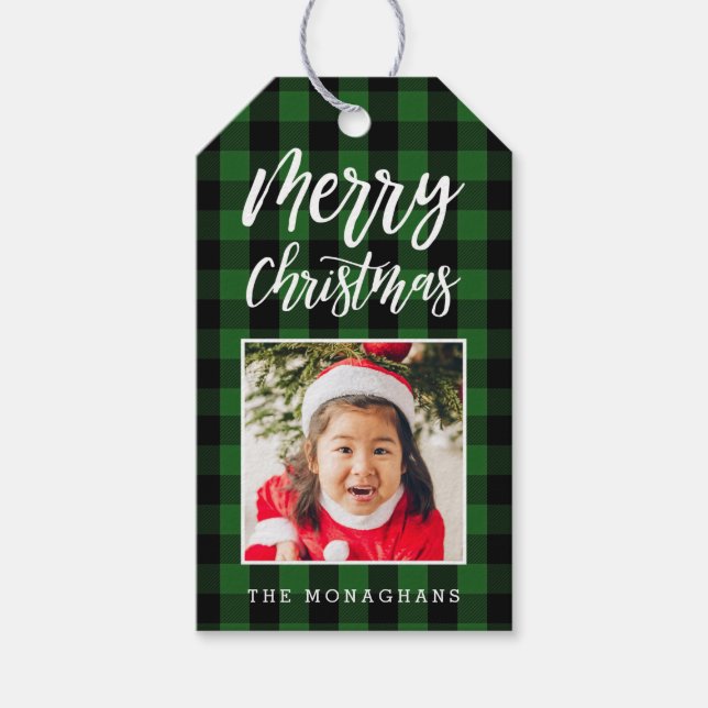 Grün Kariertes Foto Weihnachten Geschenkanhänger (Vorderseite)