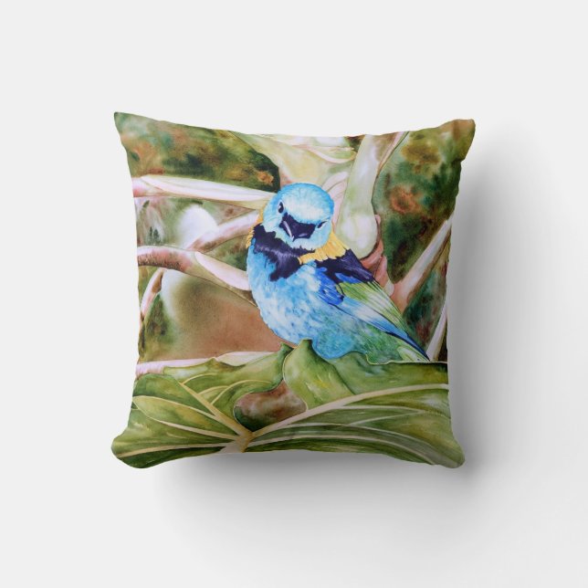 Grün-köpfiges Tanager-Aquarell-Kunst-Kissen Kissen (Vorderseite)