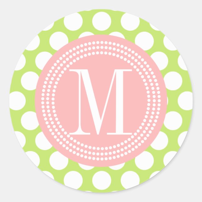 Grün & leicht rosa Big Polka Dots Mit Monogramm Runder Aufkleber (Vorderseite)