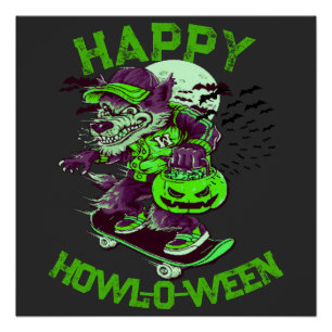 Grün Lila Frohes Howl-o-ween Wolf Skateboarding Poster