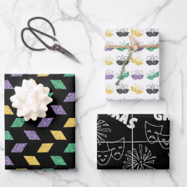 GRÜN LILA GELB MARDI GRAS THEMEN GESCHENKPAPIER SET