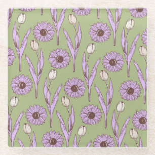 Grün lila Retro Y2K funky Hippie Blumen Muster Glasuntersetzer