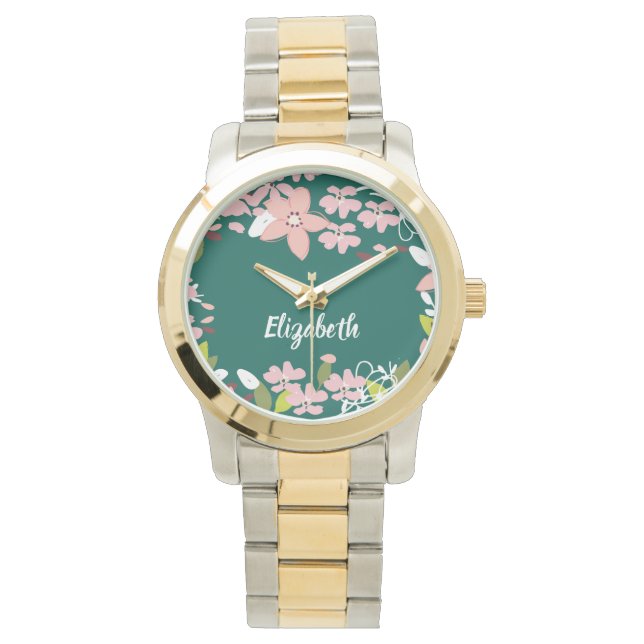 Grün mit rosa Blume Personalisiert Armbanduhr (Vorderseite)