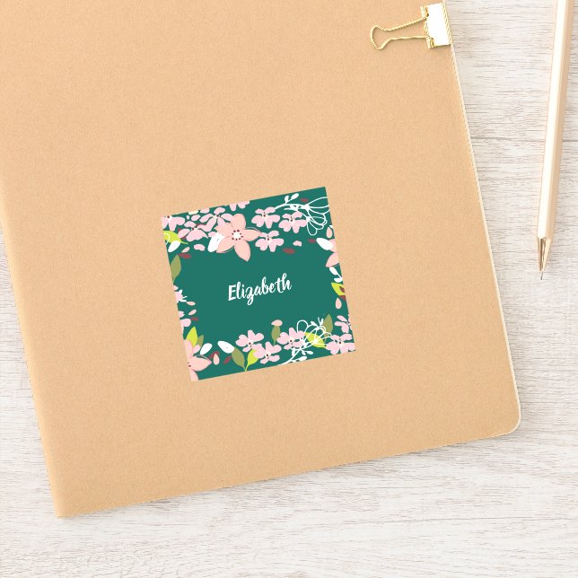 Grün mit rosa Blume Personalisiert Aufkleber (Notizbuch)