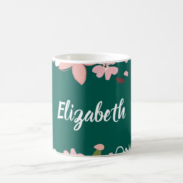 Grün mit rosa Blume Personalisiert Kaffeetasse (Mittel)