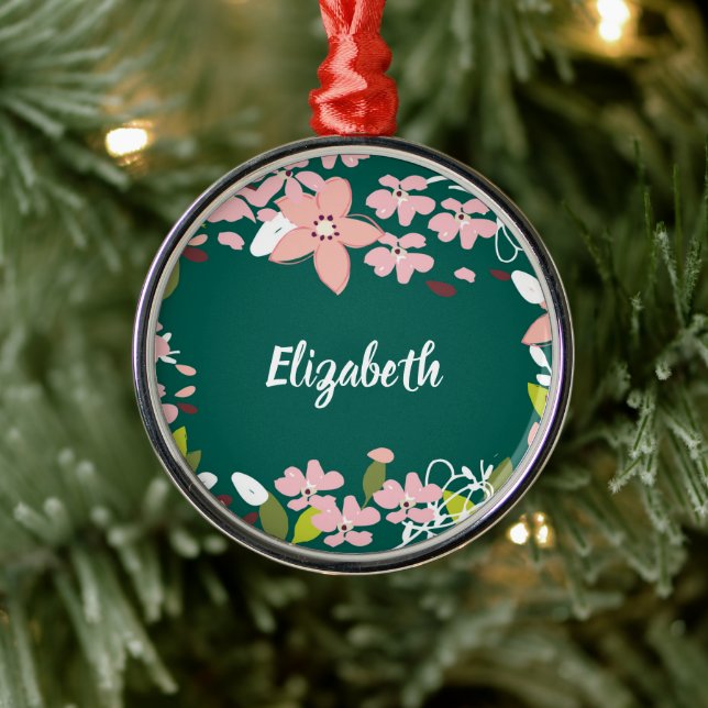 Grün mit rosa Blume Personalisiert Ornament Aus Metall (Baum)