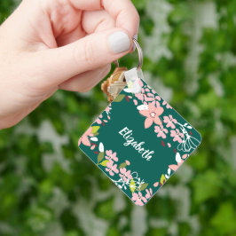 Grün mit rosa Blume Personalisiert Schlüsselanhänger