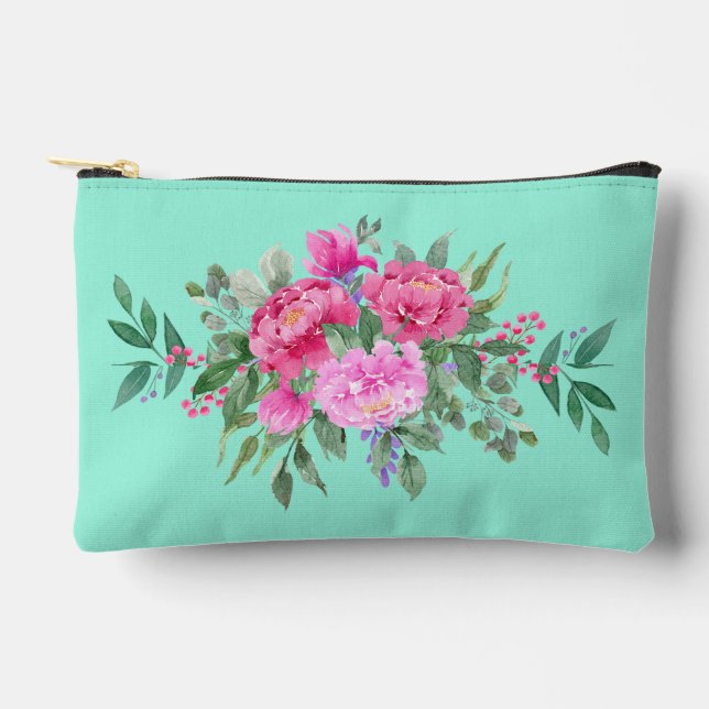 Grün mit rosa Rosen Zubehörtasche (Vorderseite)