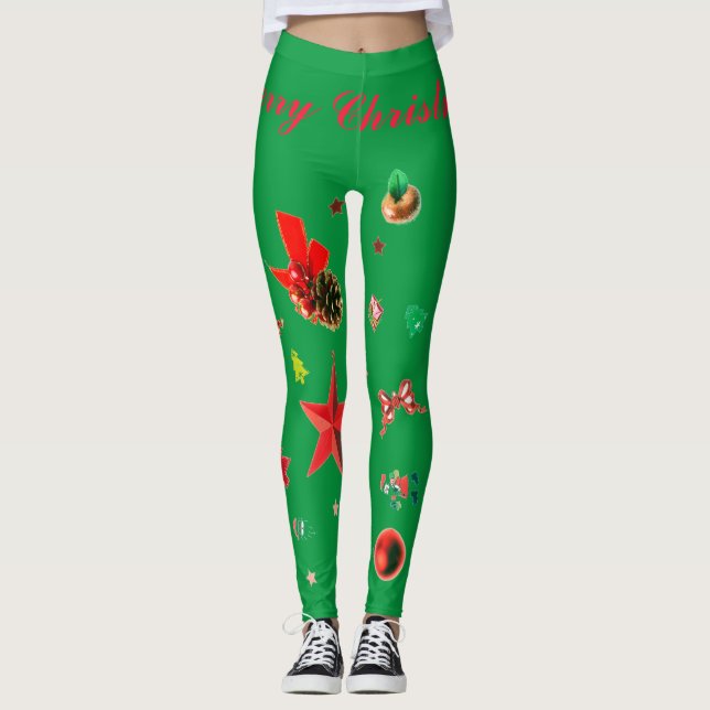 Grün mit roten Weihnachtsschmuck Leggings (Vorderseite)