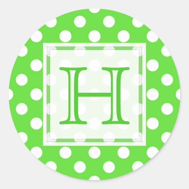 Grün mit weißen Polka-Dot-Monogramm-Aufklebern Runder Aufkleber (Vorderseite)
