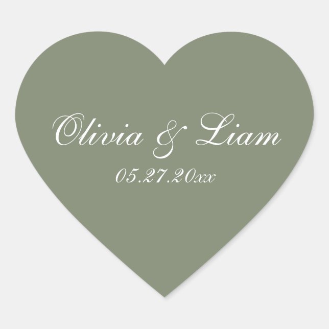 Grün-Name Datum Elegante Hochzeit Herz-Aufkleber (Vorderseite)