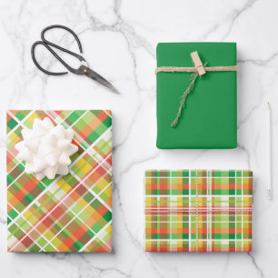 Grün, Orange, Gelb, Oliv, Mocha & Weiß Kariert Geschenkpapier Set
