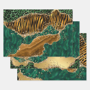 Grün & Orange & Gold Glitter Dschungel Safari Acha Geschenkpapier Set