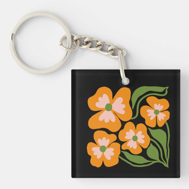 Grün & Orange Moderne Abstrakte Blumenmuster Schlüsselanhänger (Vorderseite)