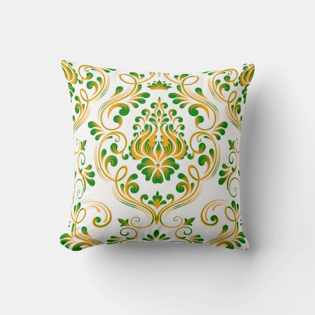 Grün-Orangefarbenes weißes Damask-Muster Elegant Kissen (Vorderseite)