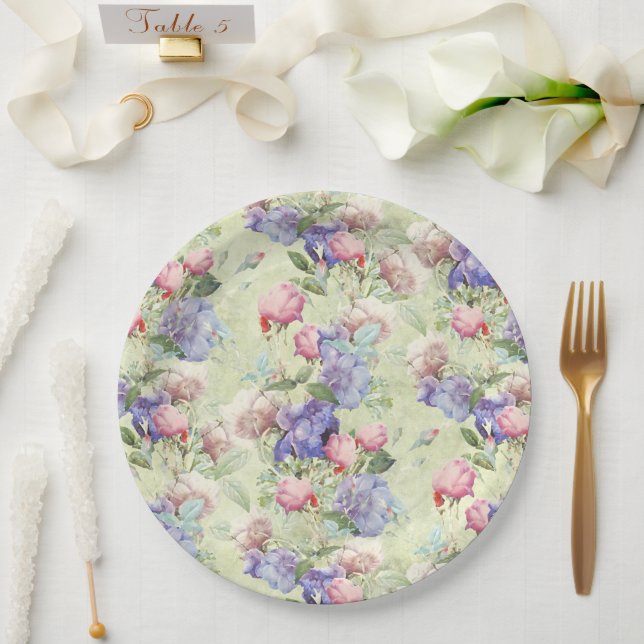 Grün Pink Aquarell Blumen Vintage  Pappteller (Hochzeit)