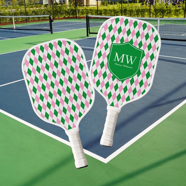 Grün Pink Argyle Monogramm Pickleball Schläger (Von Creator hochgeladen)