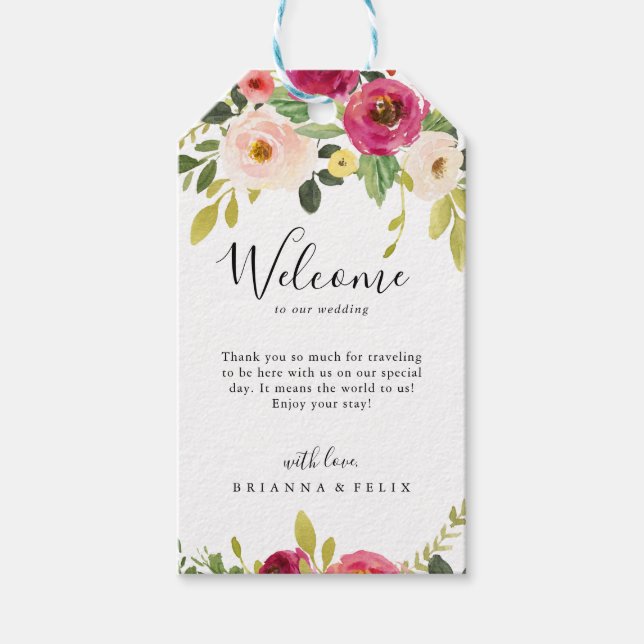 Grün Pink Blush Bloral Wedding Willkommen Geschenkanhänger (Vorderseite)
