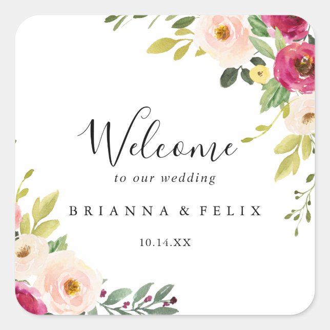 Grün Pink Blush Bloral Wedding Willkommen Quadratischer Aufkleber (Vorderseite)