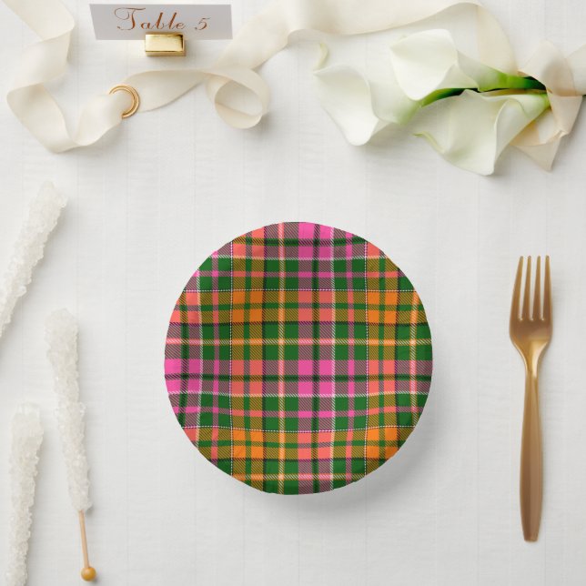 Grün Pink Orange Karo Tartan Design  Pappteller (Hochzeit)