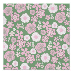 Grün Pink Weiß Retro Y2K 70er Blumenmuster Poster