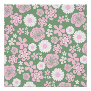Grün Pink Weiß Retro Y2K 70er Blumenmuster Poster