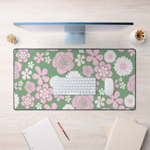 Grün Pink Weiß Retro Y2K 70er Blumenmuster Schreibtischunterlage