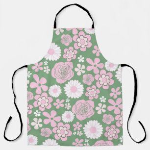 Grün Pink Weiß Retro Y2K 70er Blumenmuster Schürze