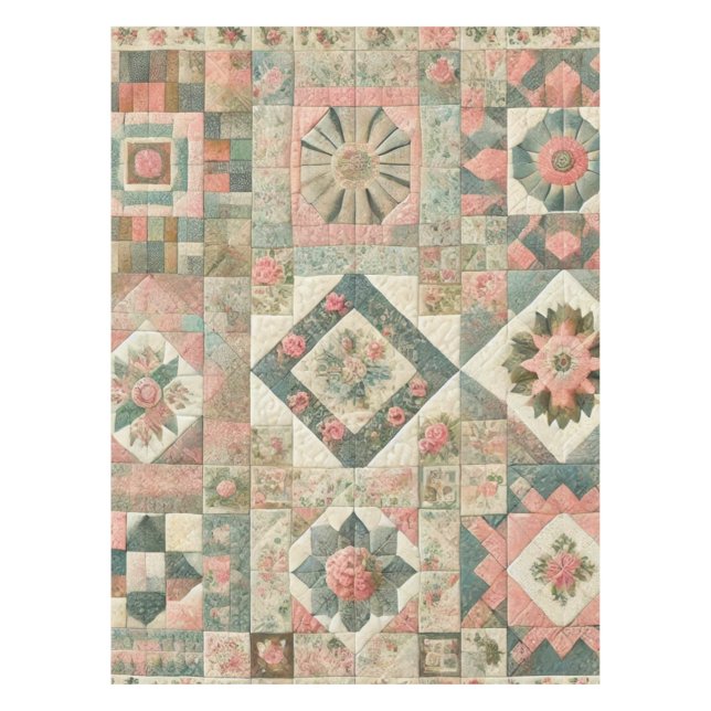 Grün/Rosa Patchwork Vintage Blumenmuster Tischdecke (Vorderseite)
