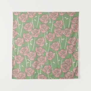 Grün rosa Rose Retro Y2K 70er Blumenmuster Wandteppich