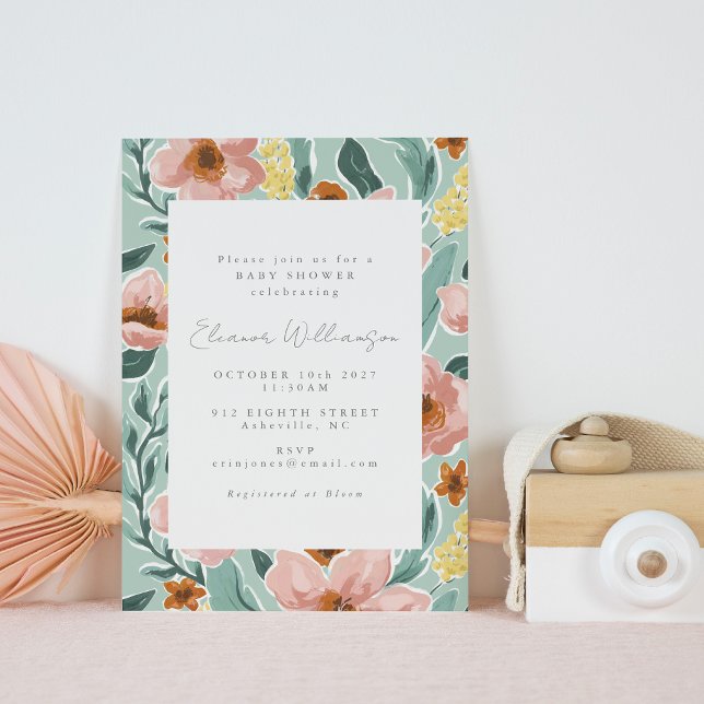 Grün rosa Vintage botanische Babydusche Einladung (Von Creator hochgeladen)