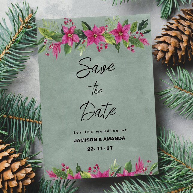 Grün rosa Winterweihnachtsfest Save the Date Einladung (Green pink winter floral Christmas Save The Date)