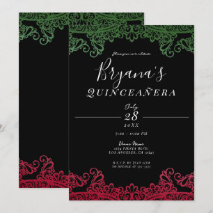 Grün & Rot Elegante schwarze 15. Quinceañera-Party Einladung