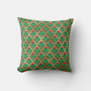 Grün Rot Gold Art Deco Fächer Muster Kissen