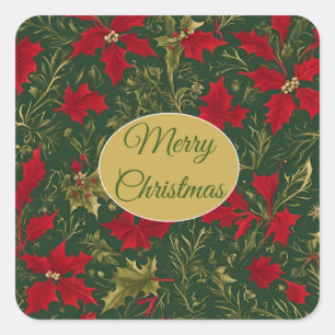 Grün Rot Gold, Stechpalme und Amaryllis Weihnachte Quadratischer Aufkleber