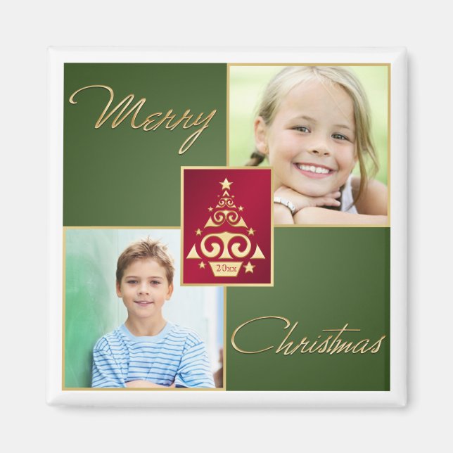Grün, Rot, Gold Weihnachtsbaum Foto Magnet (Vorne)