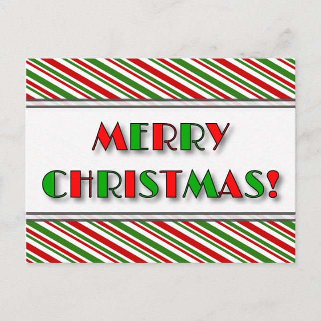 Grün & rot "MERRY CHRISTMAS!" + Streifen Postkarte (Vorderseite)