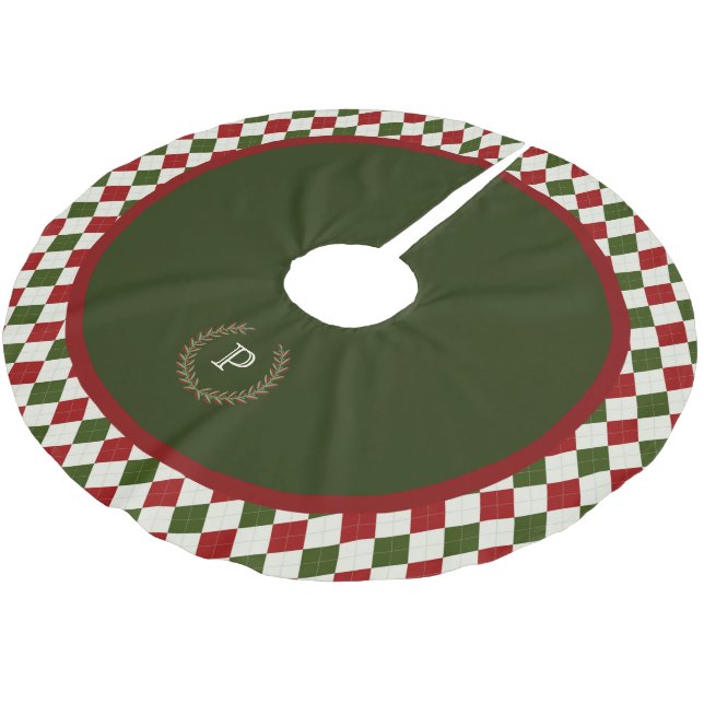 Grün-Rot-Monogramm-Argyle-Musterrock Polyester Weihnachtsbaumdecke (Schrägansicht)